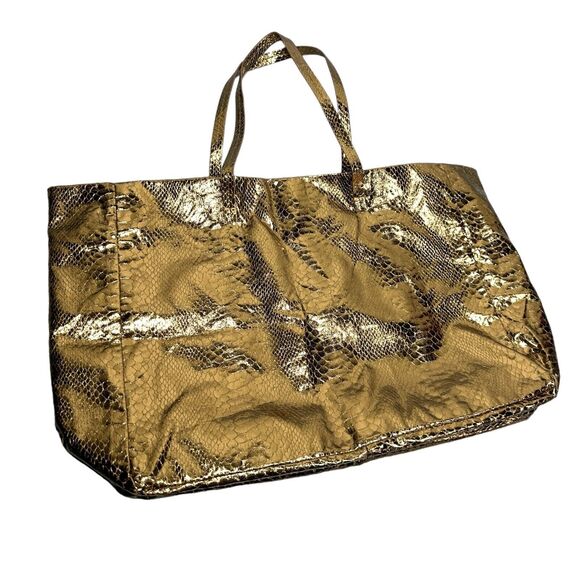 Tote Bag Gold Tone Bling Metallic Shiny Snake Print Magnetic Snap Son Jung Wan - Picture 1 of 6